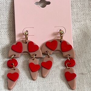 Heart Drop Earrings in Red and Tan